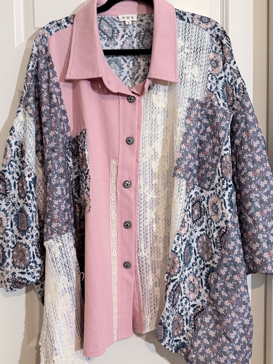 POL Tops - POL Pink Patchwork Mixed-Print Button Front Blouse